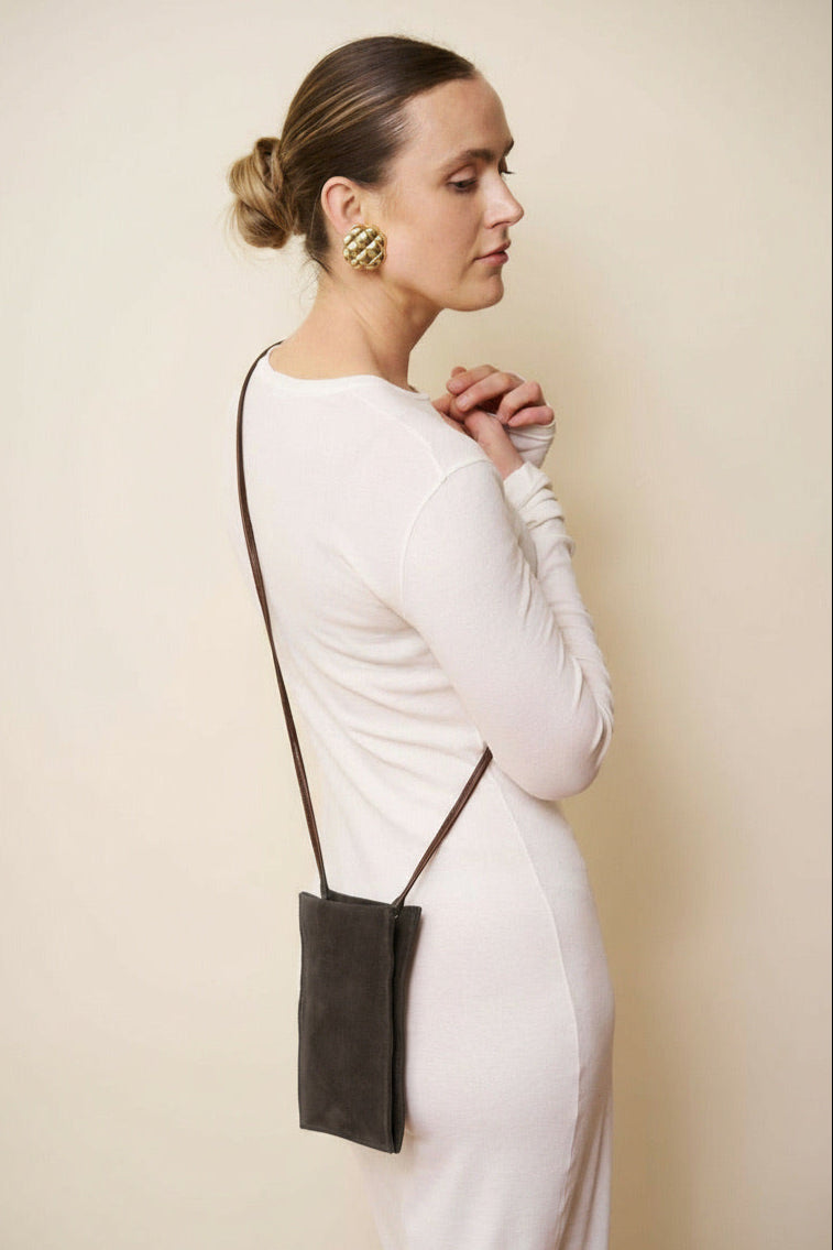 Tall Slim Double Pocket Bag in Suede Brown