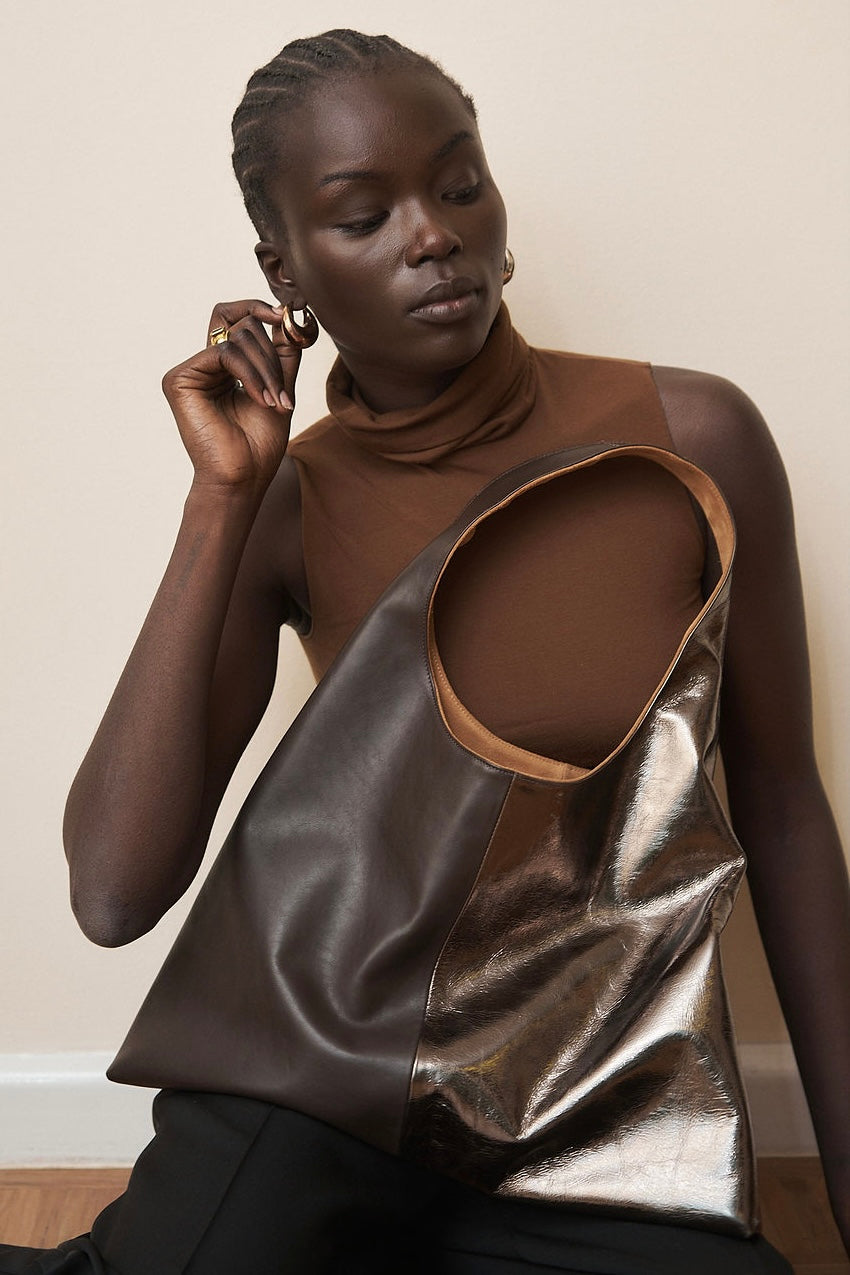 Lightning Sack in Smooth Dark Brown and Pewter Metallic