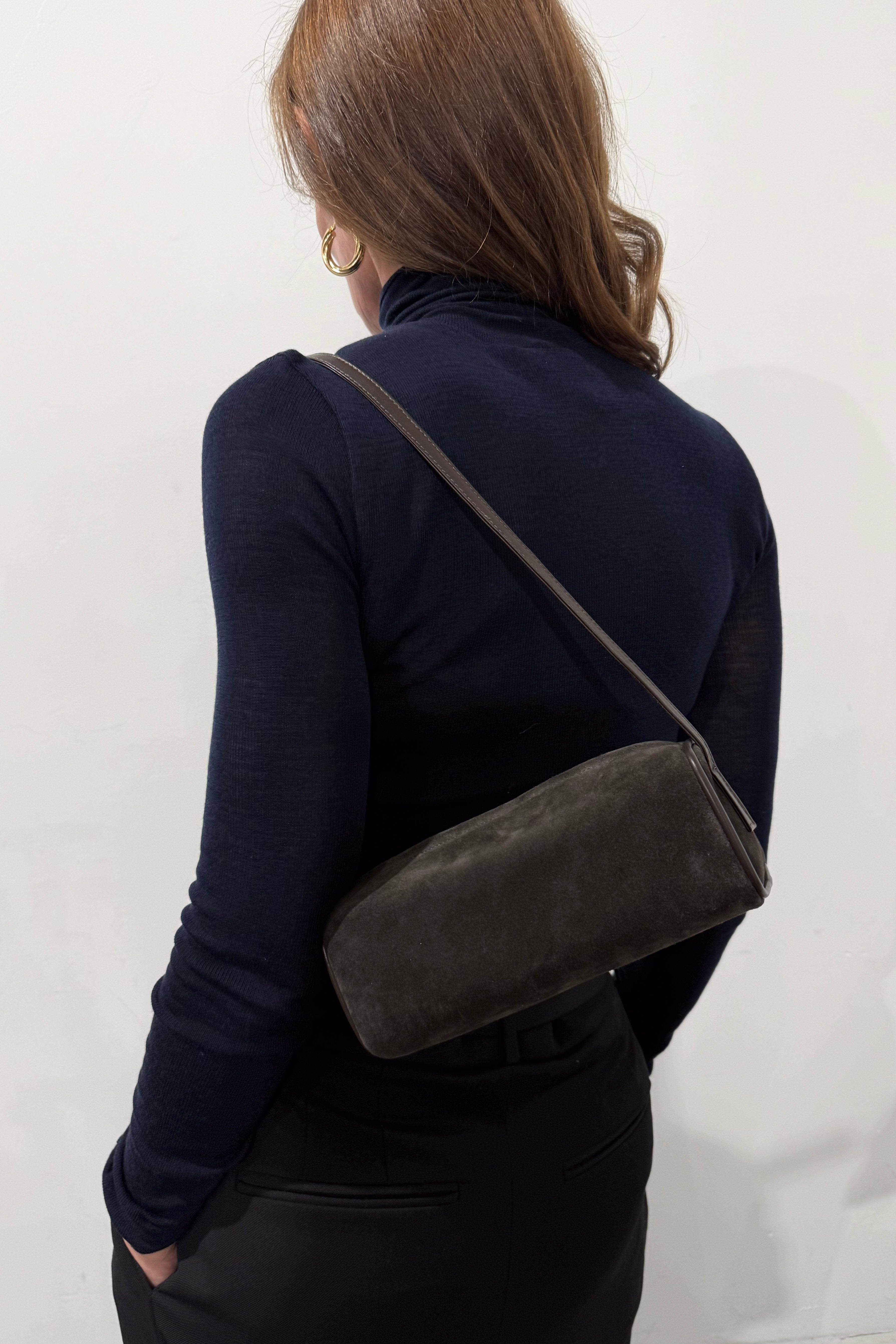 Small Barrel Shoulder Bag in Suede Brown