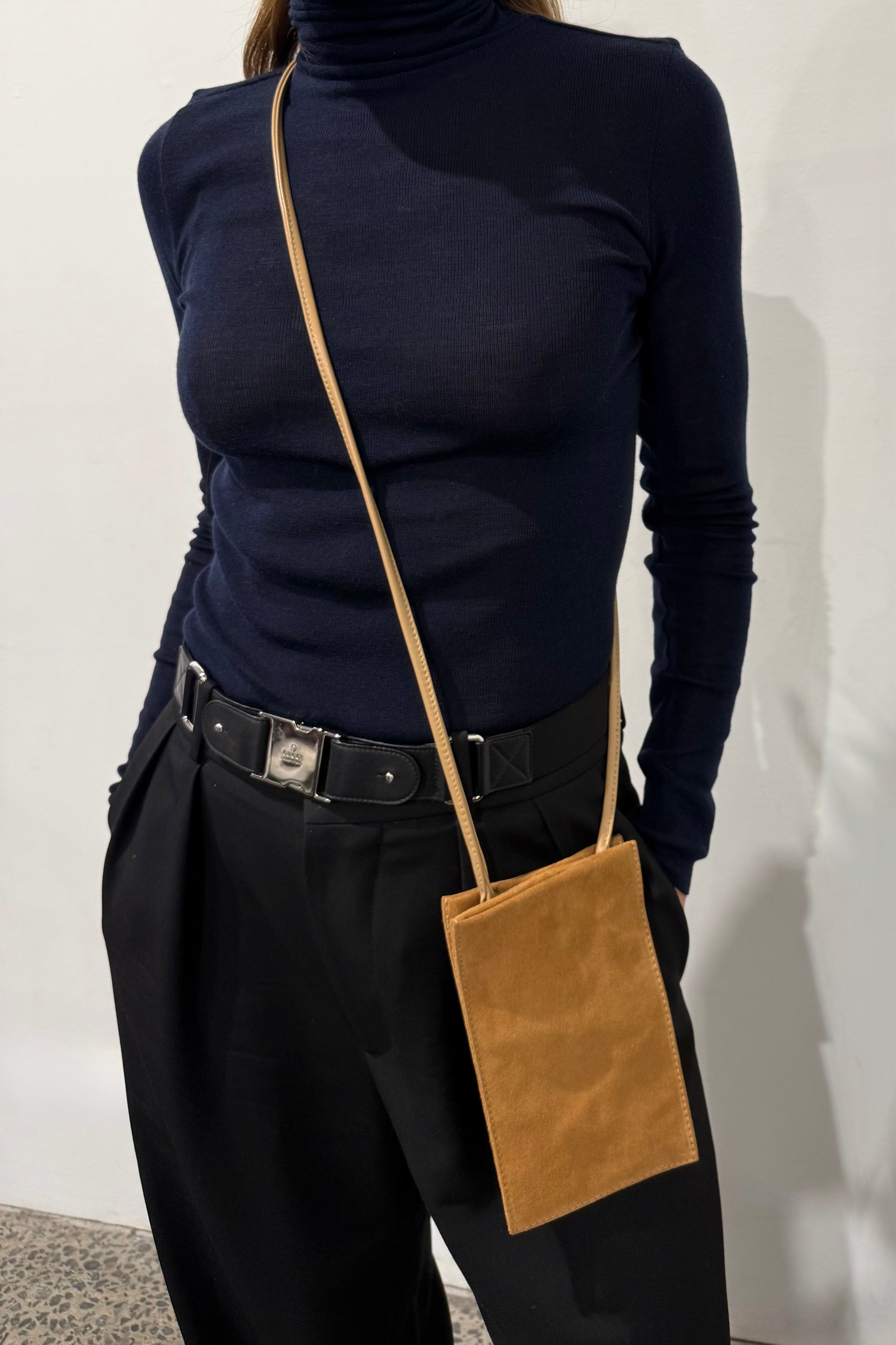 Tall Slim Double Pocket Bag in Suede Tan
