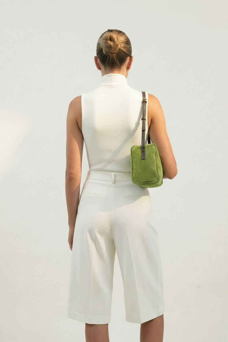 Midi Barrel Shoulder Bag in Suede Matcha