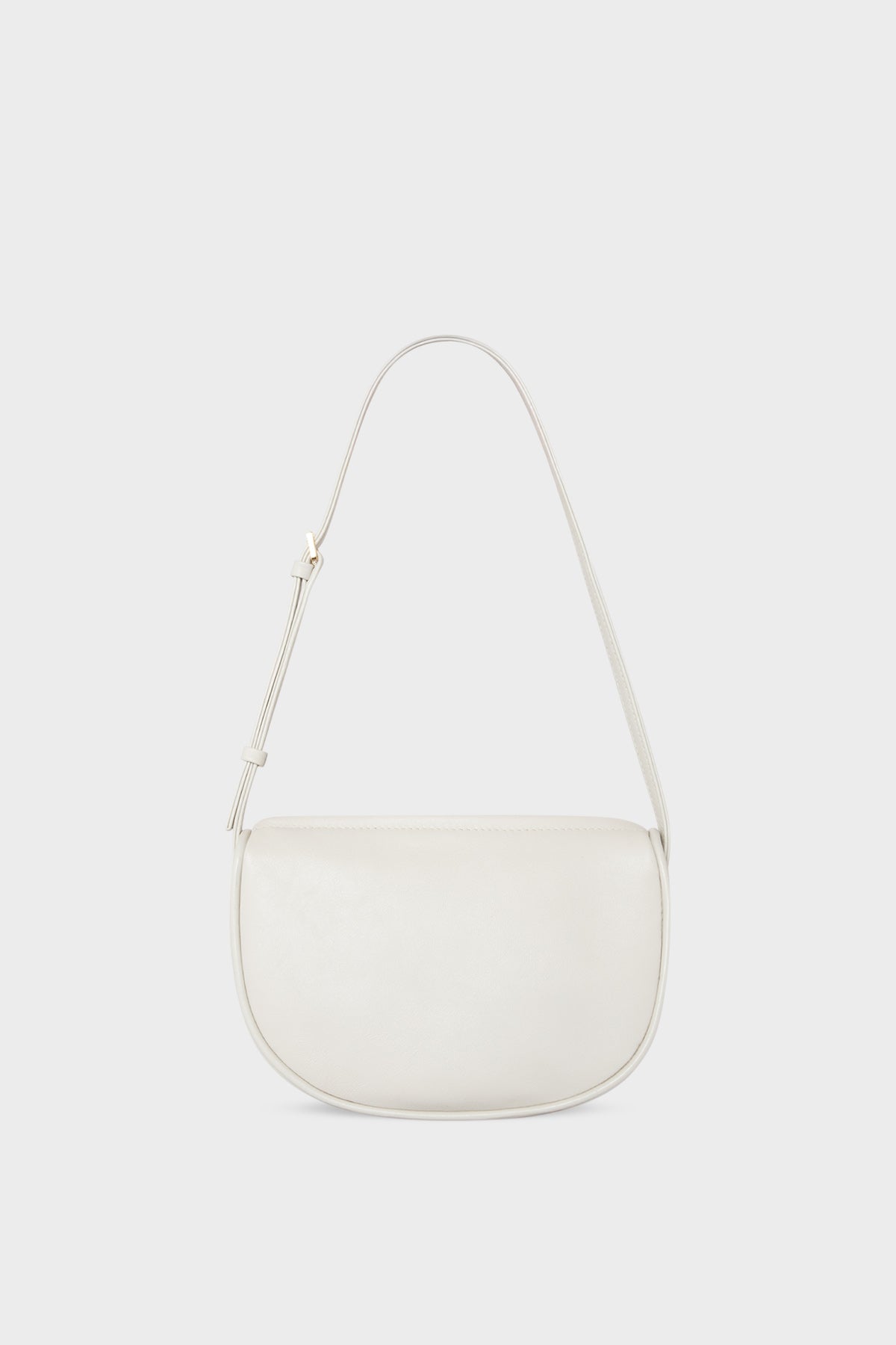 A mini shoulder bag in white made of fine smooth Italian leather. The handbag follows a hobo design with an adjustable shoulder strap.