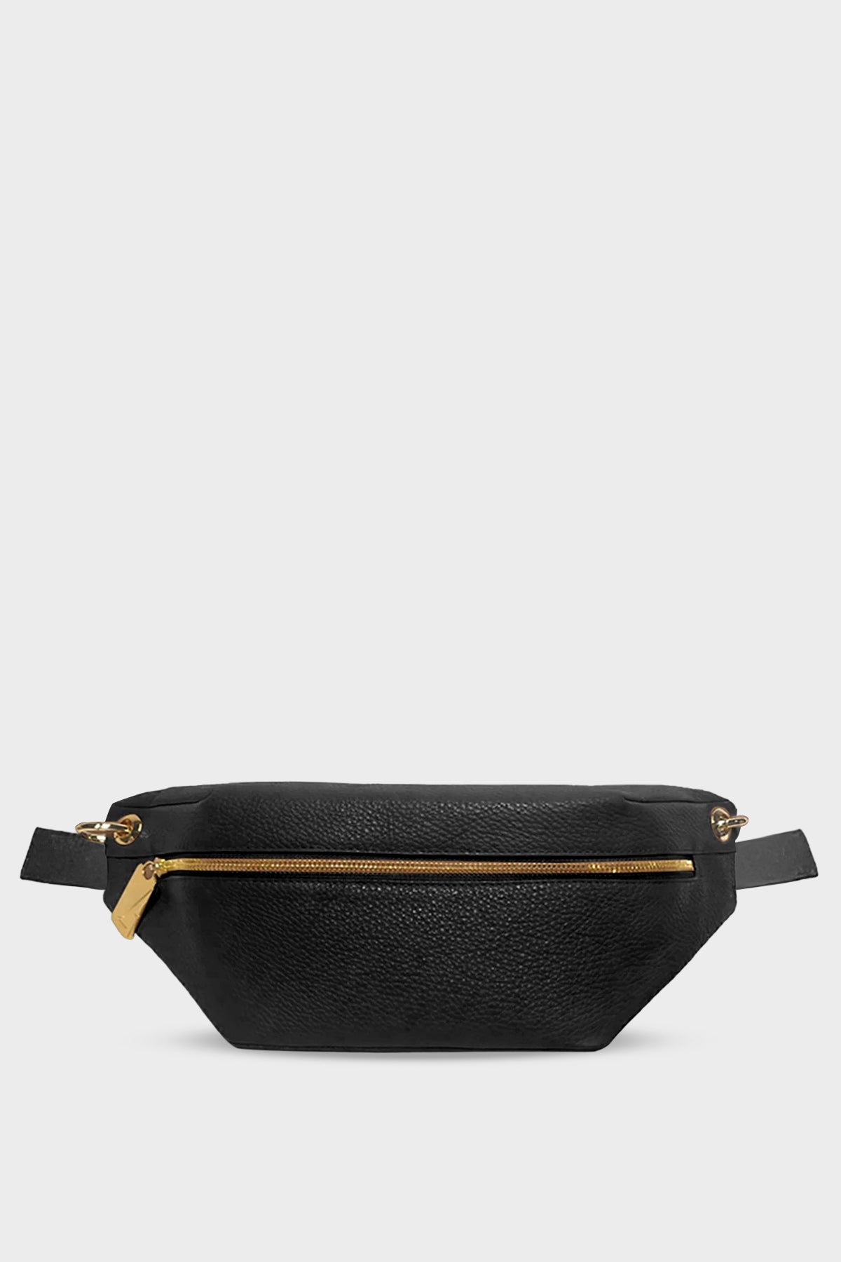 A black crossbody bag that also takes the form of a belt bag. It has a zip opening in gold hardware and is made of fine Italian grain leather.