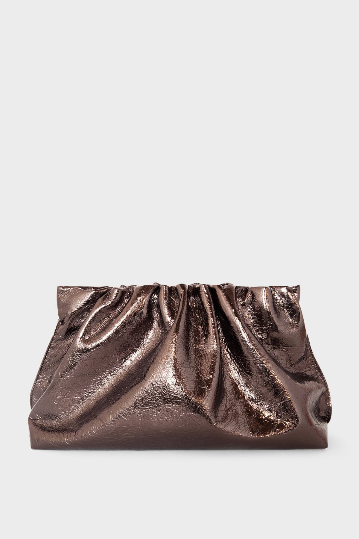 A metallic brown clutch bag made of grain Italian leather. The handbag has a removable strap and can also be worn as a crossbody bag.