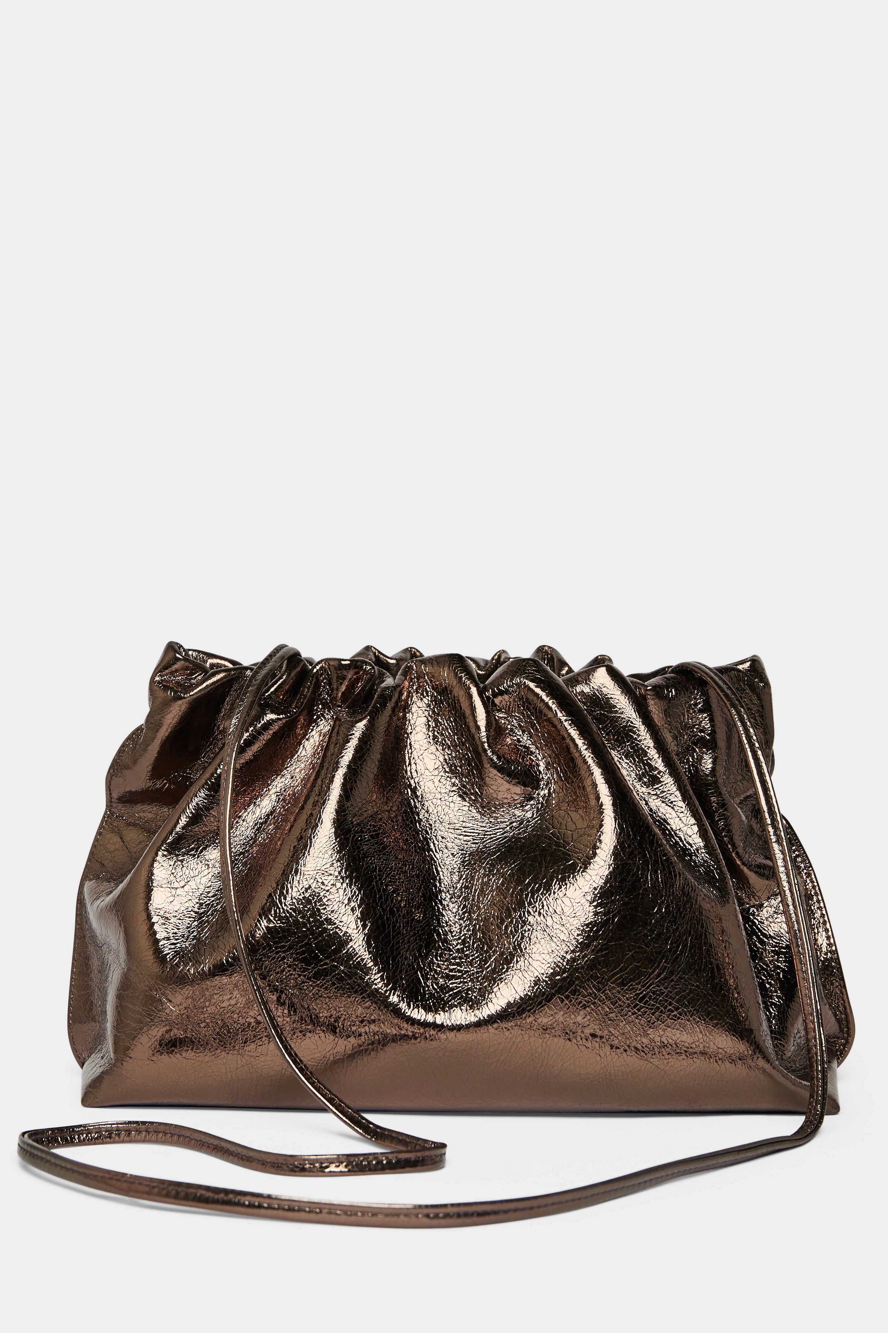 A metallic brown clutch bag with a long removable shoulder strap. The handbag can also be worn handheld or a crossbody bag.
