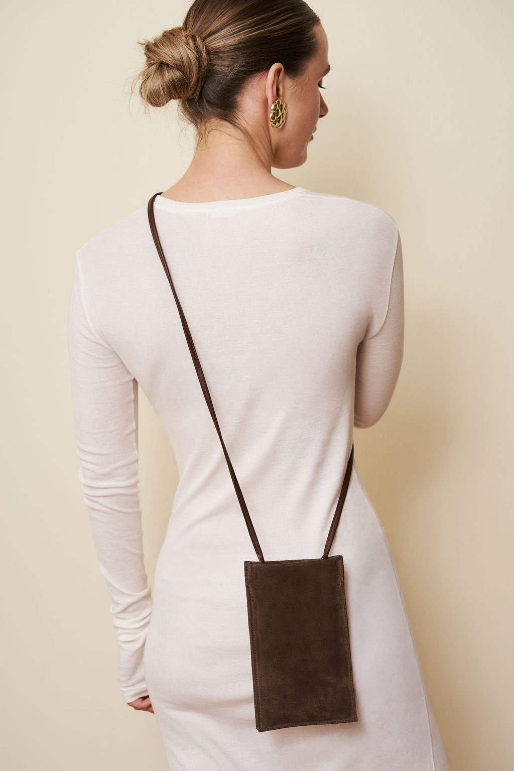 Tall Slim Double Pocket Bag in Suede Chestnut