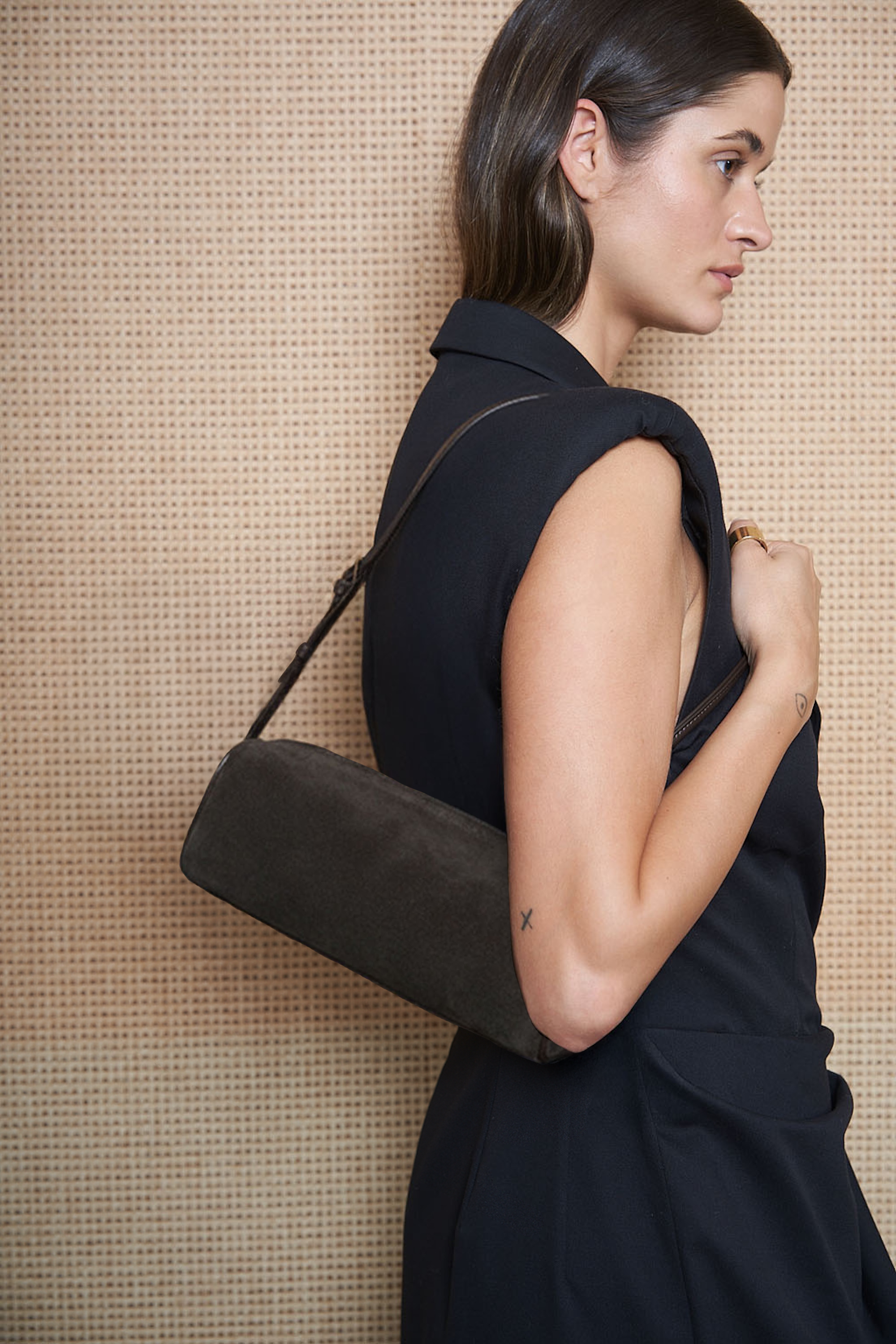 Small Barrel Shoulder Bag in Suede Brown