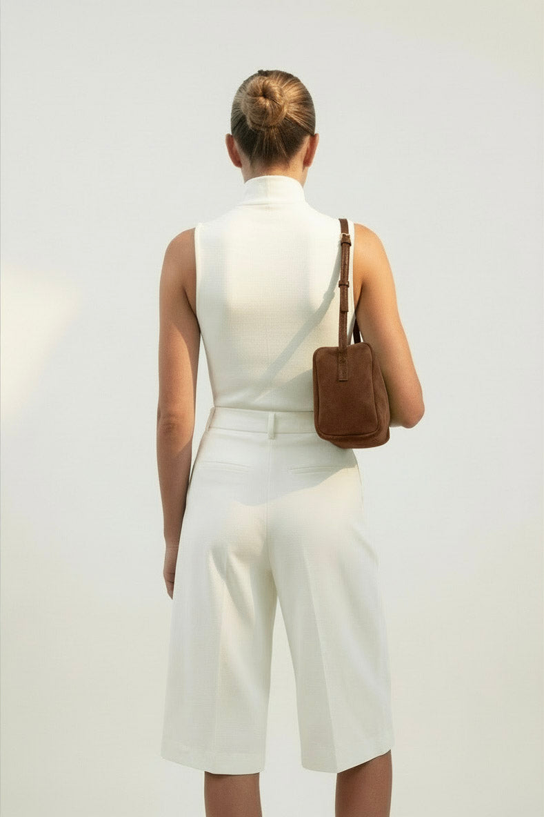 Midi Barrel Shoulder Bag in Suede Chestnut