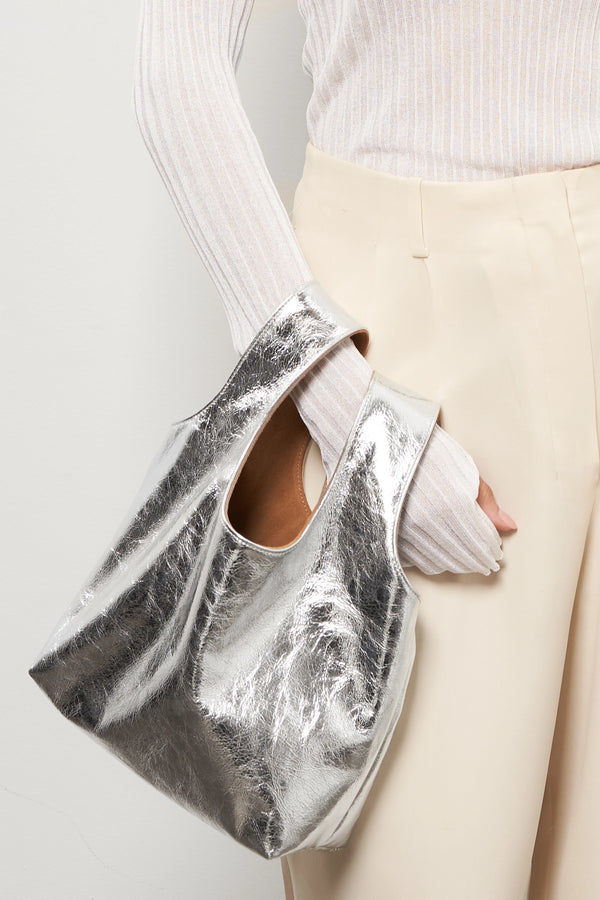 Small Reversible Sack Handbag in Metallic Silver