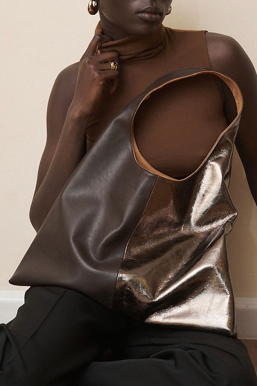 Lightning Sack in Smooth Dark Brown and Pewter Metallic