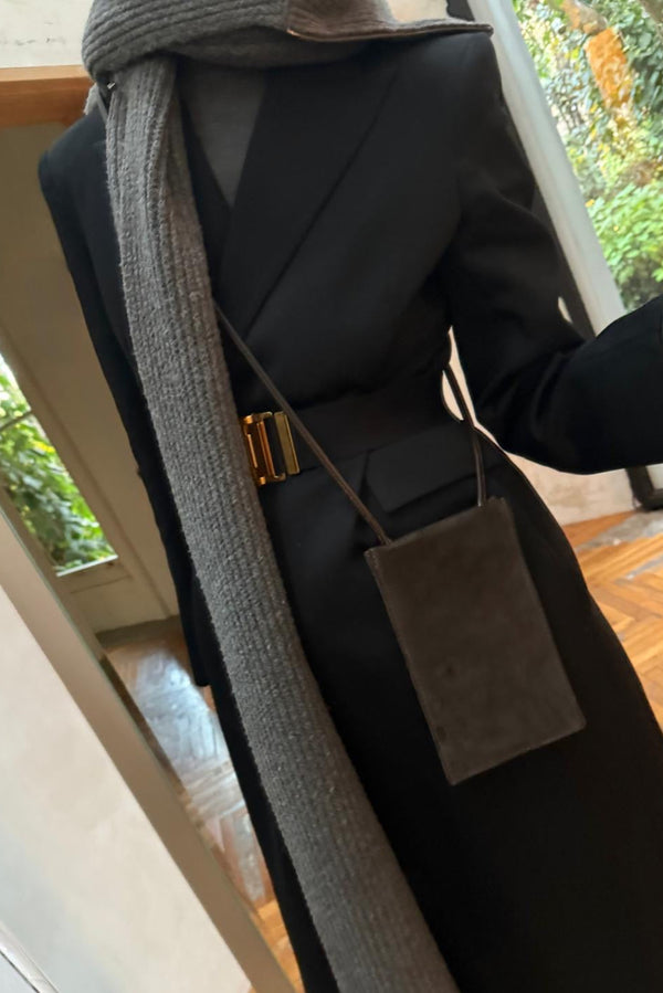 Tall Slim Double Pocket Bag in Suede Brown