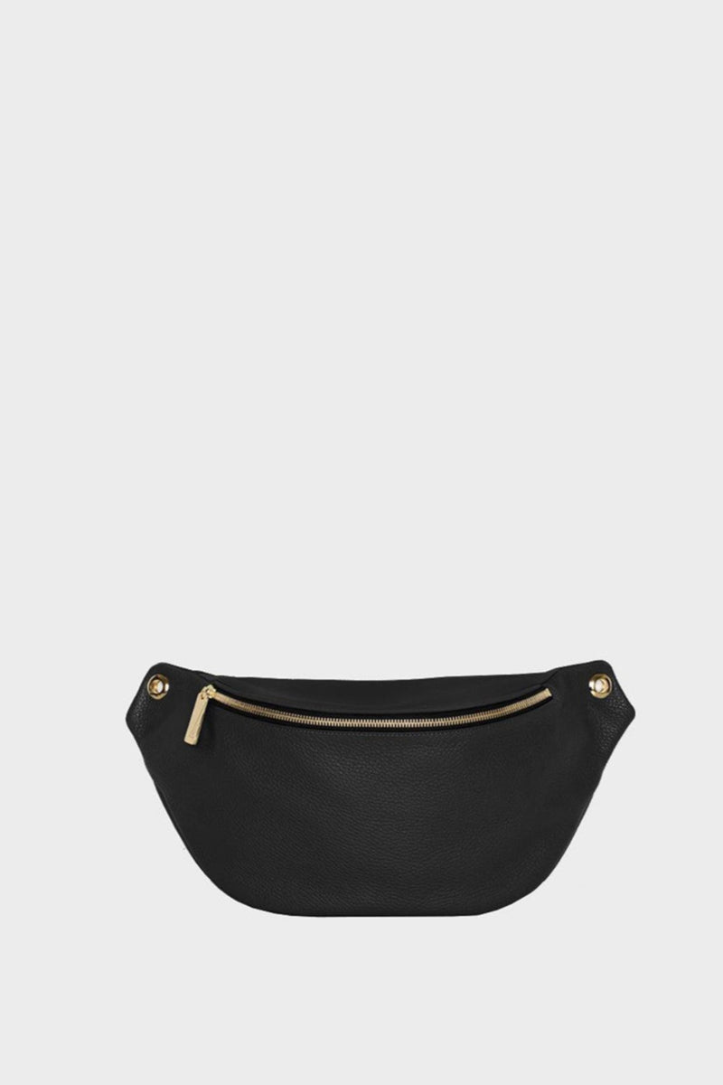 A black bum bag with a unisex design. It also functions as an oversized belt bag.