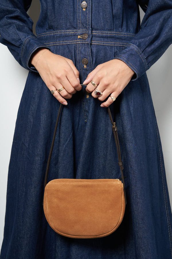 Mini Saddle Shoulder Bag in Suede Tan