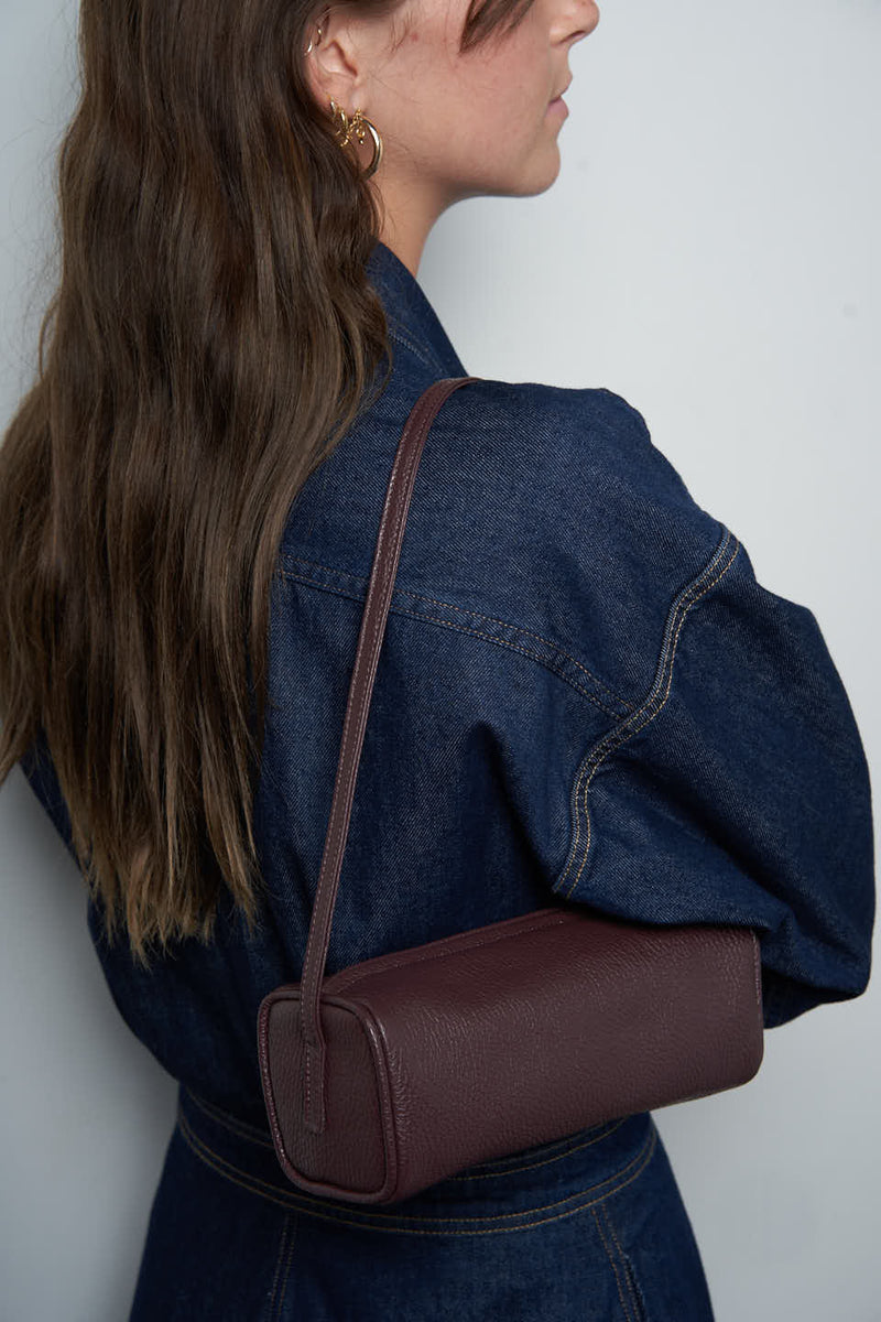 Small Barrel Shoulder Bag in Grain Burgundy