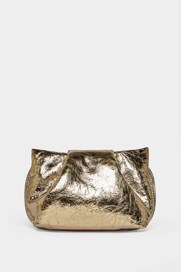 A gold mini clutch bag made of Italian leather. This mini bag has a removable strap and can also be worn as a shoulder bag. 