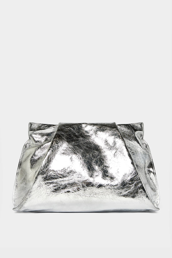 A silver clutch bag made of smooth Italian leather. The handbag has removable strap and can also be worn as a shoulder bag. 