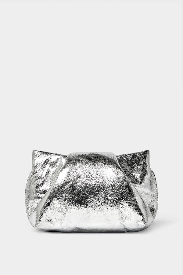 A silver mini clutch bag made of smooth Italian leather. This mini bag has a removable strap and can also be worn as a shoulder bag. 