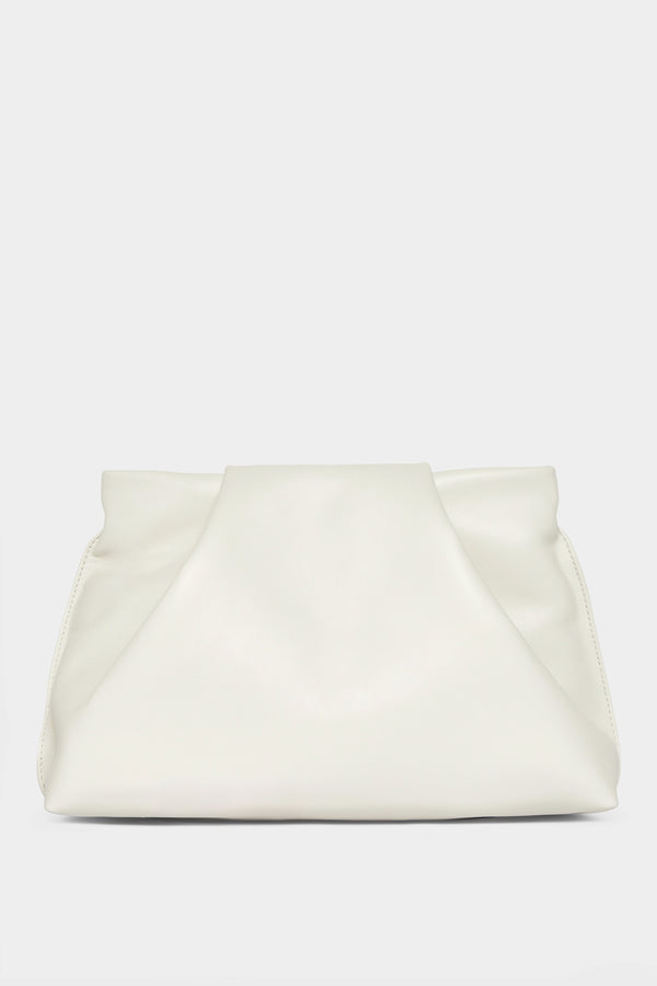 An off white clutch bag made of smooth Italian leather. The handbag has removable strap and can also be worn as a shoulder bag. 