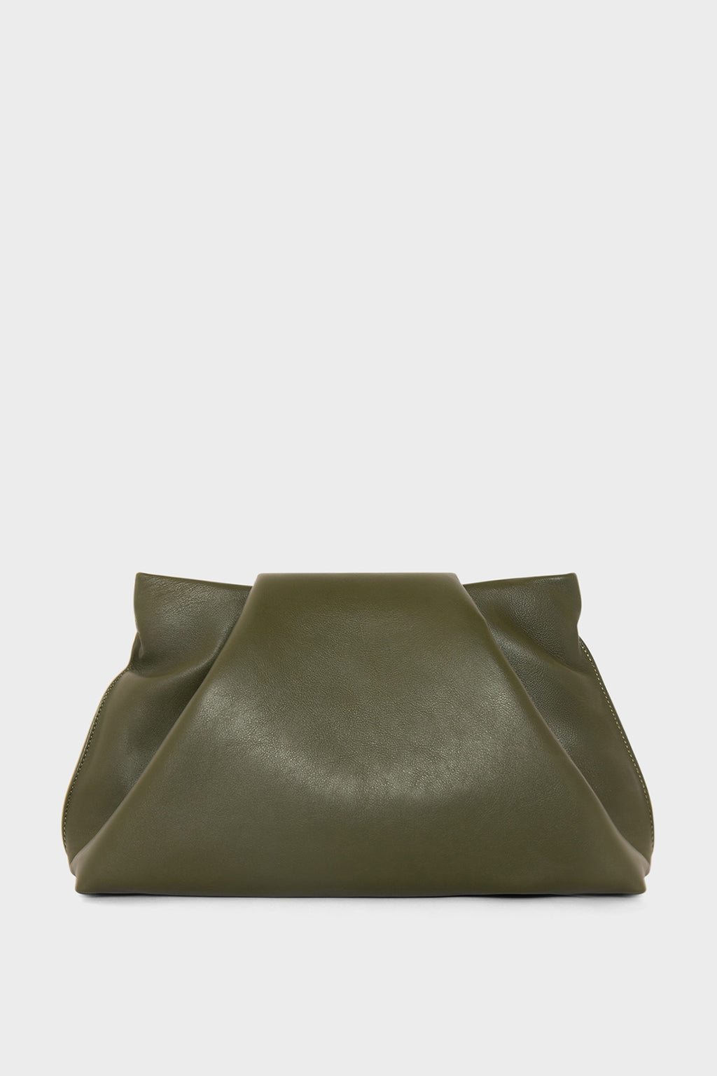 A khaki-colored clutch bag made of smooth Italian leather. The handbag has removable strap and can also be worn as a shoulder bag.