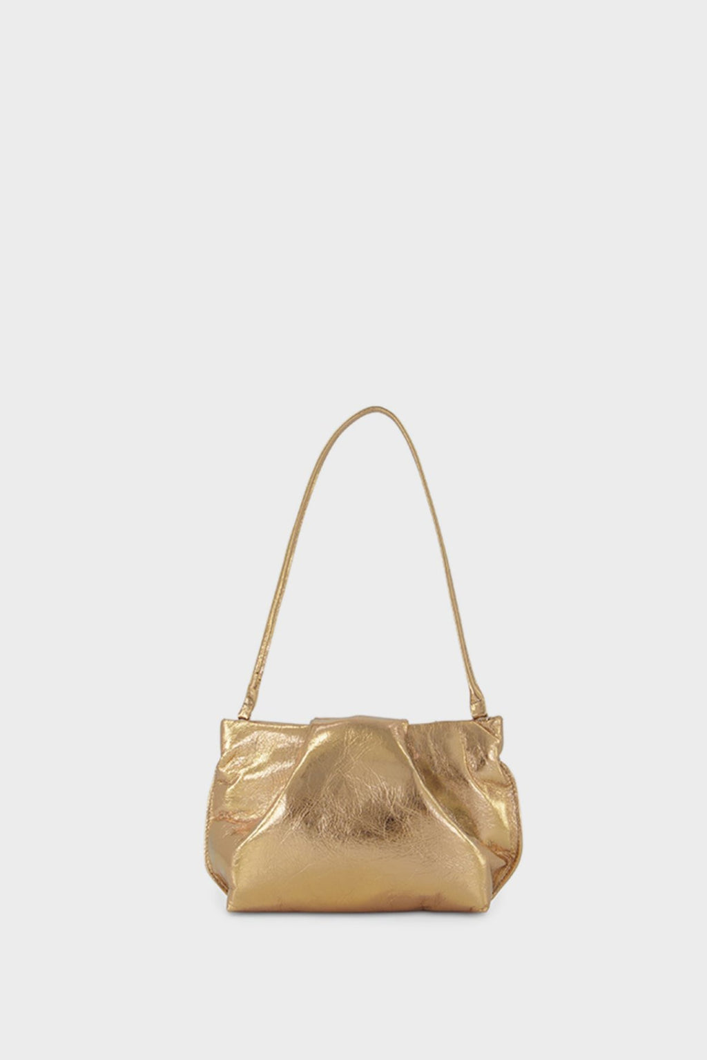 A photo of the gold fold mini clutch bag with its handles up. It functions both as   as a shoulder bag and a clutch or purse.