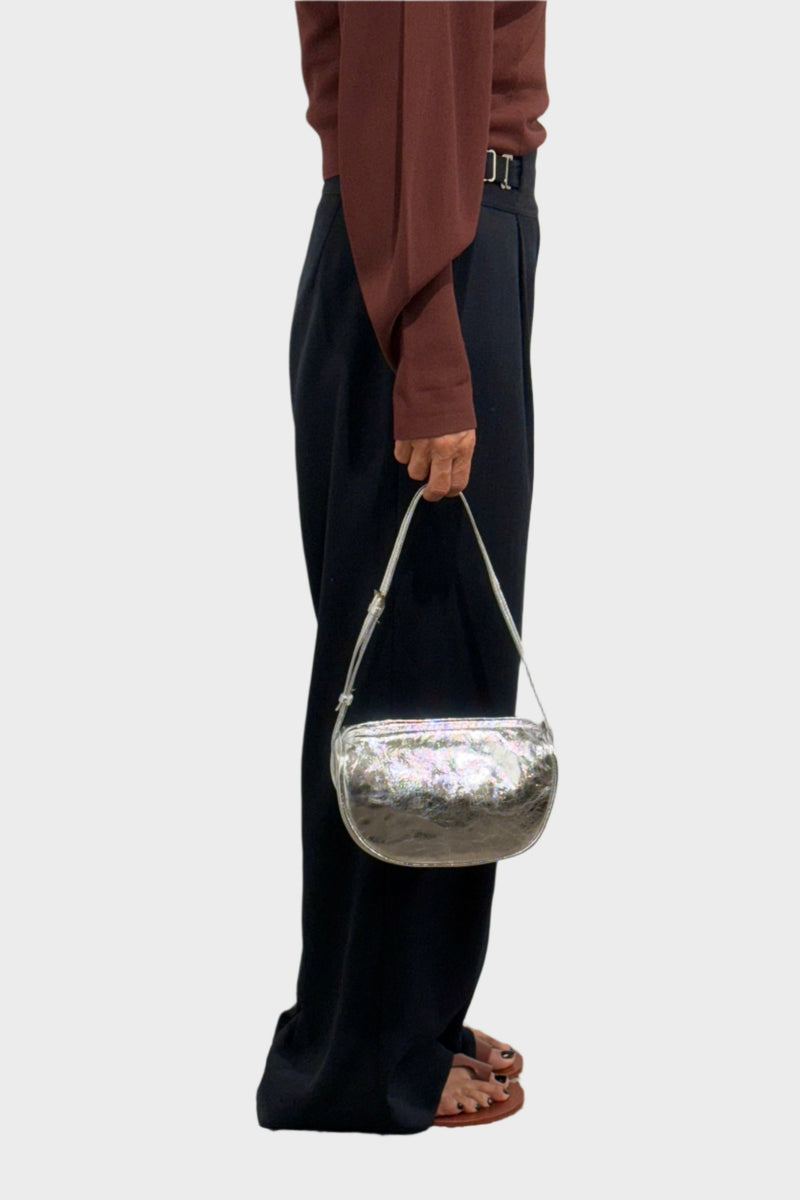 Small Saddle Shoulder Bag in Metallic Silver