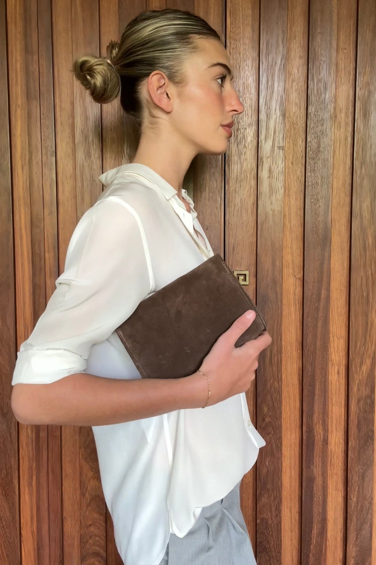 Mini Teardrop Clutch in Suede Chestnut