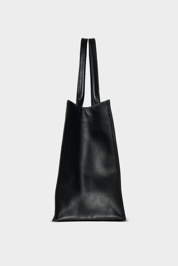 Large Grocer Leather Tote in Grain Black