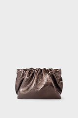 A metallic brown clutch bag made of smooth Italian leather. This mini bag has a long removable strap and can also be worn as a crossbody bag.