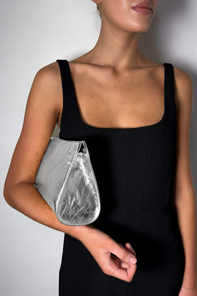 Teardrop Clutch in Metallic Silver