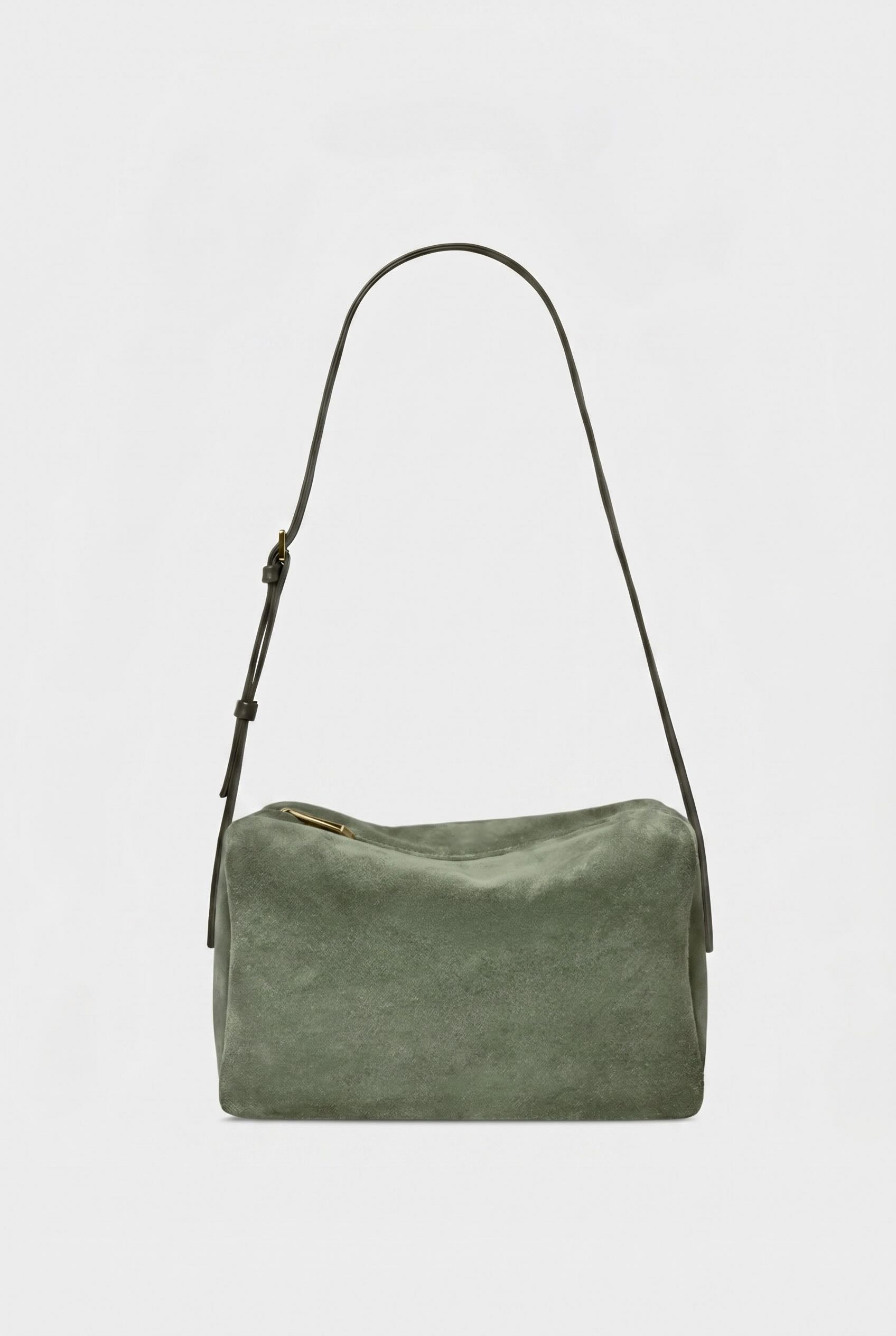 Midi Barrel Shoulder Bag in Suede Forest