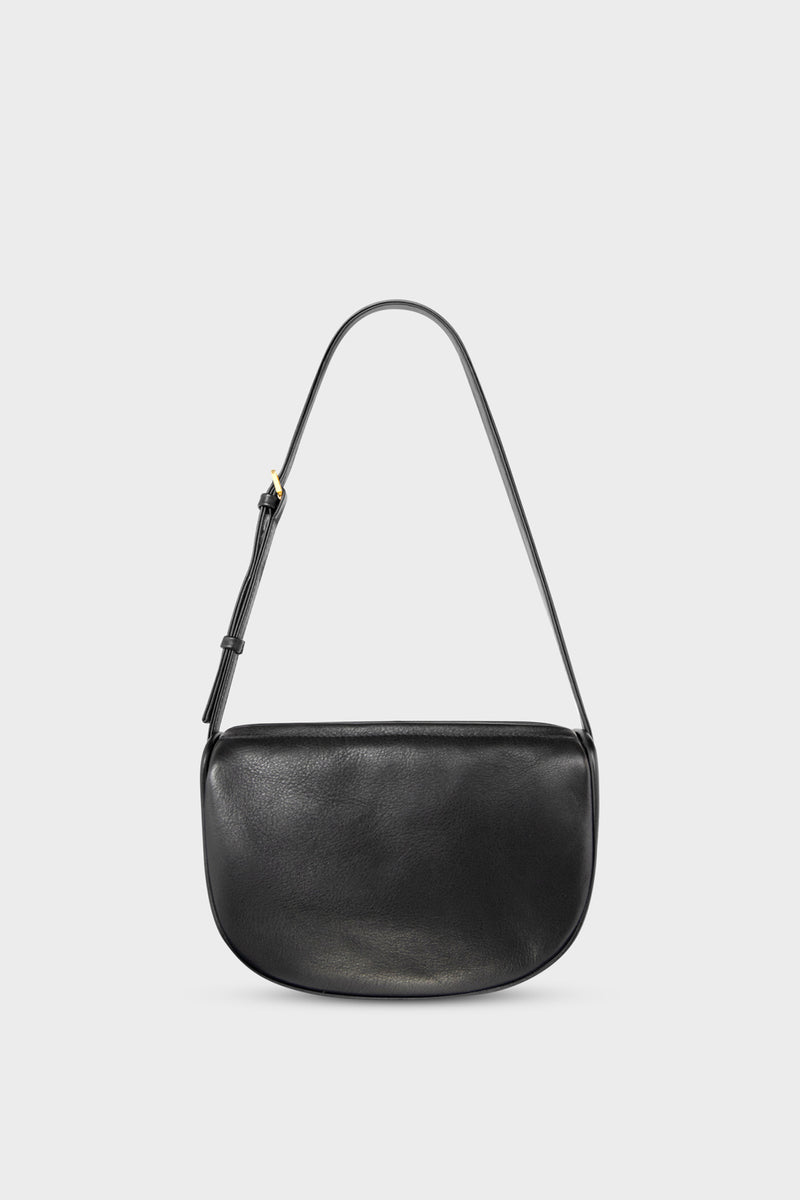 A mini shoulder bag in black made of fine smooth Italian leather. The handbag follows a hobo design with an adjustable shoulder strap.