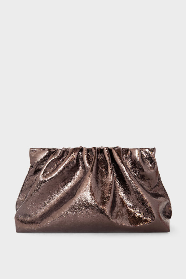 A metallic brown clutch bag made of grain Italian leather. The handbag has a removable strap and can also be worn as a crossbody bag.