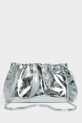 A silver clutch bag with a long removable shoulder strap. The handbag can also be worn handheld or a crossbody bag. 