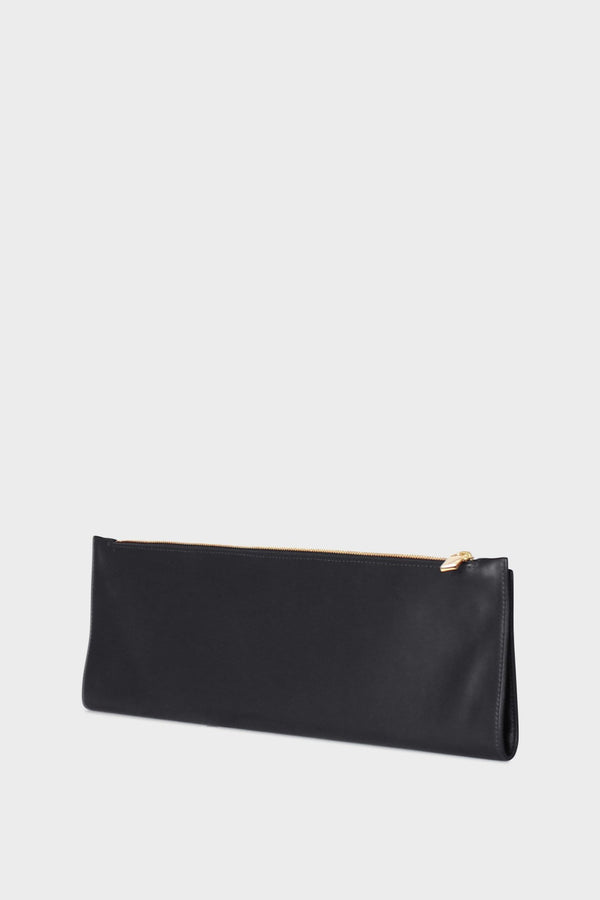 A side angle of the slimline clutch pouch. The black clutch is folded and looks like a long wallet. It's suited as a party clutch or a casual pouch or purse.