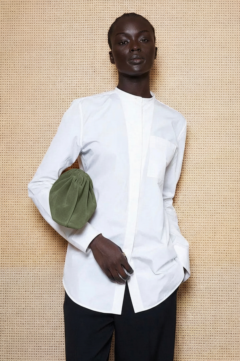Midi Cloud Bag in Suede Forest - model with white shirt