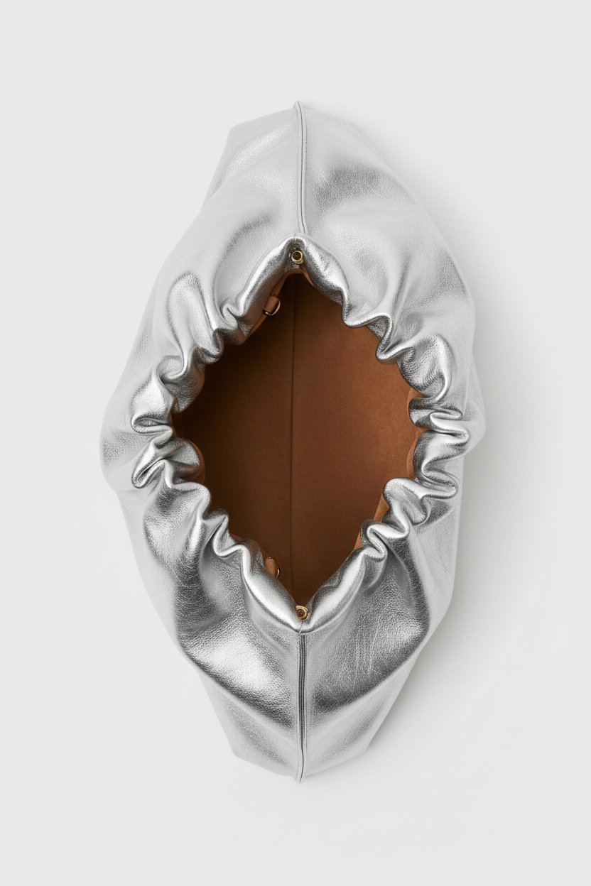 Midi Cloud Bag in Metallic Silver - interior open view
